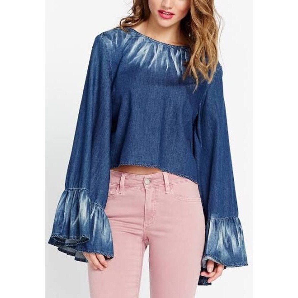 NWT BUFFALO Bell Sleeve 70’s Vibe Blue Denim Top Size Small